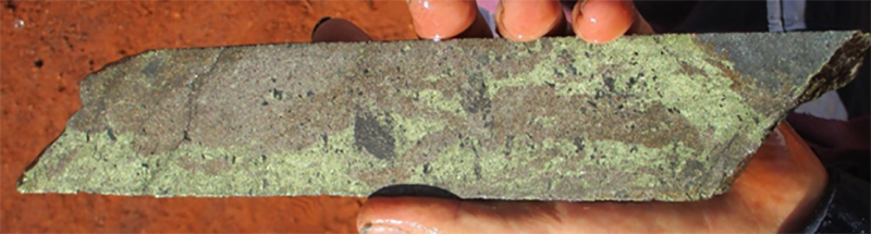 Figure 2: Core sample of high grade copper and nickel from BBDD009 at the Tulloch zone returning assays of 0.9% Ni, 5.7 % Cu, 0.07% Co, 0.11 g/t Pt and 0.05 g/t Pd over 1.1 m.